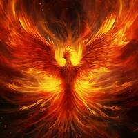 Phoenix bird with outstretched wings rising burning in flames. Epic phoenix bird fire rebirth power concept by AI Generated photo