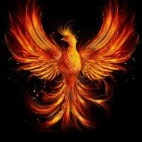 Phoenix bird with outstretched wings rising burning in flames. Epic phoenix bird fire rebirth power concept by AI Generated photo