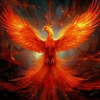 Phoenix bird with outstretched wings rising burning in flames. Epic phoenix bird fire rebirth power concept by AI Generated photo