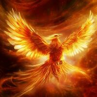 Phoenix bird with outstretched wings rising burning in flames. Epic phoenix bird fire rebirth power concept by AI Generated photo