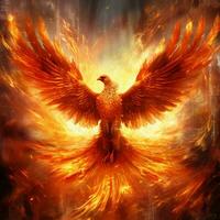 Phoenix bird with outstretched wings rising burning in flames. Epic phoenix bird fire rebirth power concept by AI Generated photo