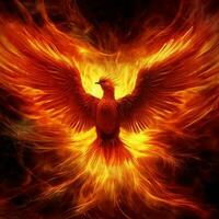 Phoenix bird with outstretched wings rising burning in flames. Epic phoenix bird fire rebirth power concept by AI Generated photo