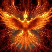 Phoenix bird with outstretched wings rising burning in flames. Epic phoenix bird fire rebirth power concept by AI Generated photo