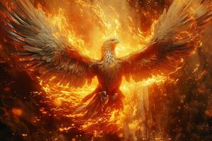 Phoenix bird with outstretched wings rising burning in flames. Epic phoenix bird fire rebirth power concept by AI Generated photo