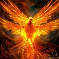 Phoenix bird with outstretched wings rising burning in flames. Epic phoenix bird fire rebirth power concept by AI Generated photo