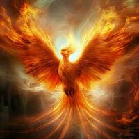 Phoenix bird with outstretched wings rising burning in flames. Epic phoenix bird fire rebirth power concept by AI Generated photo