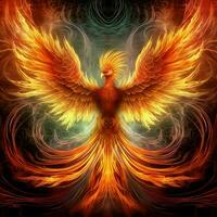 Phoenix bird with outstretched wings rising burning in flames. Epic phoenix bird fire rebirth power concept by AI Generated photo