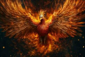 Phoenix bird with outstretched wings rising burning in flames. Epic phoenix bird fire rebirth power concept by AI Generated photo