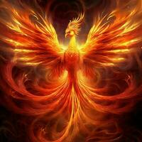 Phoenix bird with outstretched wings rising burning in flames. Epic phoenix bird fire rebirth power concept by AI Generated photo