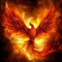 Phoenix bird with outstretched wings rising burning in flames. Epic phoenix bird fire rebirth power concept by AI Generated photo