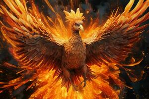 Phoenix bird with outstretched wings rising burning in flames. Epic phoenix bird fire rebirth power concept by AI Generated photo