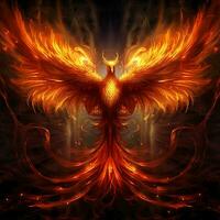 Phoenix bird with outstretched wings rising burning in flames. Epic phoenix bird fire rebirth power concept by AI Generated photo