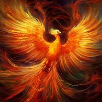 Phoenix bird with outstretched wings rising burning in flames. Epic phoenix bird fire rebirth power concept by AI Generated photo