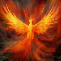 Phoenix bird with outstretched wings rising burning in flames. Epic phoenix bird fire rebirth power concept by AI Generated photo