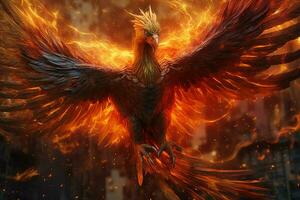 Phoenix bird with outstretched wings rising burning in flames. Epic phoenix bird fire rebirth power concept by AI Generated photo