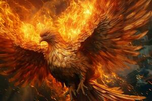 Phoenix bird with outstretched wings rising burning in flames. Epic phoenix bird fire rebirth power concept by AI Generated photo