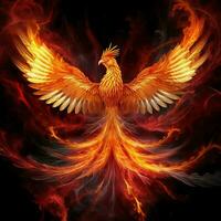 Phoenix bird with outstretched wings rising burning in flames. Epic phoenix bird fire rebirth power concept by AI Generated photo