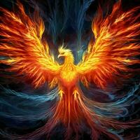 Phoenix bird with outstretched wings rising burning in flames. Epic phoenix bird fire rebirth power concept by AI Generated photo