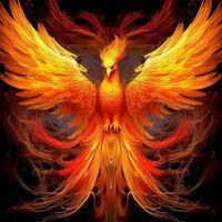 Phoenix bird with outstretched wings rising burning in flames. Epic phoenix bird fire rebirth power concept by AI Generated photo