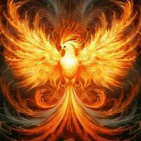 Phoenix bird with outstretched wings rising burning in flames. Epic phoenix bird fire rebirth power concept by AI Generated photo