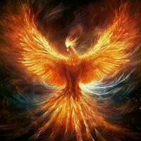 Phoenix bird with outstretched wings rising burning in flames. Epic phoenix bird fire rebirth power concept by AI Generated photo