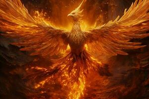 Phoenix bird with outstretched wings rising burning in flames. Epic phoenix bird fire rebirth power concept by AI Generated photo