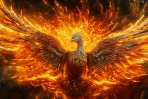 Phoenix bird with outstretched wings rising burning in flames. Epic phoenix bird fire rebirth power concept by AI Generated photo