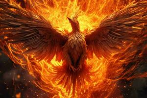 Phoenix bird with outstretched wings rising burning in flames. Epic phoenix bird fire rebirth power concept by AI Generated photo