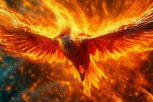 Phoenix bird with outstretched wings rising burning in flames. Epic phoenix bird fire rebirth power concept by AI Generated photo