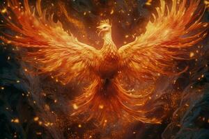 Phoenix bird with outstretched wings rising burning in flames. Epic phoenix bird fire rebirth power concept by AI Generated photo