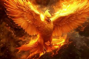 Phoenix bird with outstretched wings rising burning in flames. Epic phoenix bird fire rebirth power concept by AI Generated photo