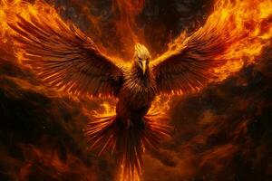 Phoenix bird with outstretched wings rising burning in flames. Epic phoenix bird fire rebirth power concept by AI Generated photo