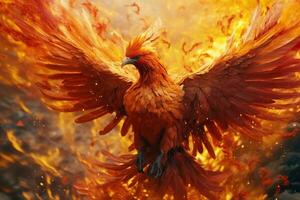 Phoenix bird with outstretched wings rising burning in flames. Epic phoenix bird fire rebirth power concept by AI Generated photo