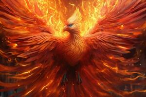 Phoenix bird with outstretched wings rising burning in flames. Epic phoenix bird fire rebirth power concept by AI Generated photo