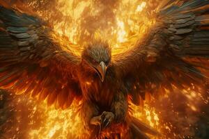 Phoenix bird with outstretched wings rising burning in flames. Epic phoenix bird fire rebirth power concept by AI Generated photo