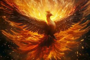 Phoenix bird with outstretched wings rising burning in flames. Epic phoenix bird fire rebirth power concept by AI Generated photo