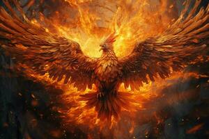 Phoenix bird with outstretched wings rising burning in flames. Epic phoenix bird fire rebirth power concept by AI Generated photo