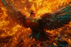 Phoenix bird with outstretched wings rising burning in flames. Epic phoenix bird fire rebirth power concept by AI Generated photo