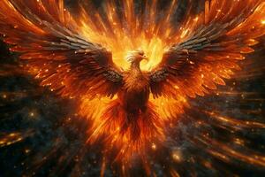 Phoenix bird with outstretched wings rising burning in flames. Epic phoenix bird fire rebirth power concept by AI Generated photo