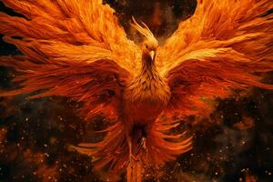 Phoenix bird with outstretched wings rising burning in flames. Epic phoenix bird fire rebirth power concept by AI Generated photo