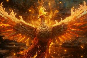 Phoenix bird with outstretched wings rising burning in flames. Epic phoenix bird fire rebirth power concept by AI Generated photo