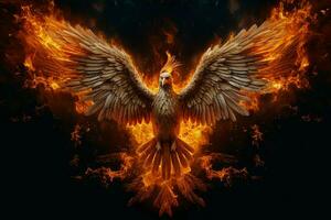 Phoenix bird with outstretched wings rising burning in flames. Epic phoenix bird fire rebirth power concept by AI Generated photo