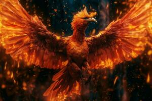 Phoenix bird with outstretched wings rising burning in flames. Epic phoenix bird fire rebirth power concept by AI Generated photo