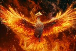 Phoenix bird with outstretched wings rising burning in flames. Epic phoenix bird fire rebirth power concept by AI Generated photo