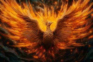 Phoenix bird with outstretched wings rising burning in flames. Epic phoenix bird fire rebirth power concept by AI Generated photo