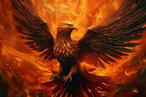 Phoenix bird with outstretched wings rising burning in flames. Epic phoenix bird fire rebirth power concept by AI Generated photo