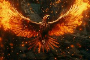 Phoenix bird with outstretched wings rising burning in flames. Epic phoenix bird fire rebirth power concept by AI Generated photo