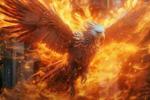 Phoenix bird with outstretched wings rising burning in flames. Epic phoenix bird fire rebirth power concept by AI Generated photo