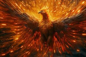 Phoenix bird with outstretched wings rising burning in flames. Epic phoenix bird fire rebirth power concept by AI Generated photo