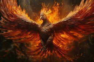 Phoenix bird with outstretched wings rising burning in flames. Epic phoenix bird fire rebirth power concept by AI Generated photo